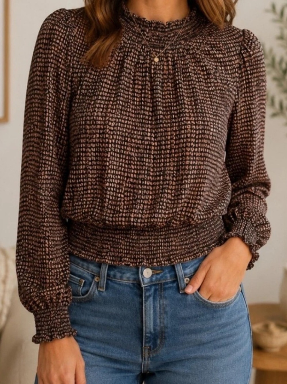 Joie Brown Metallic Smocked Blouse
